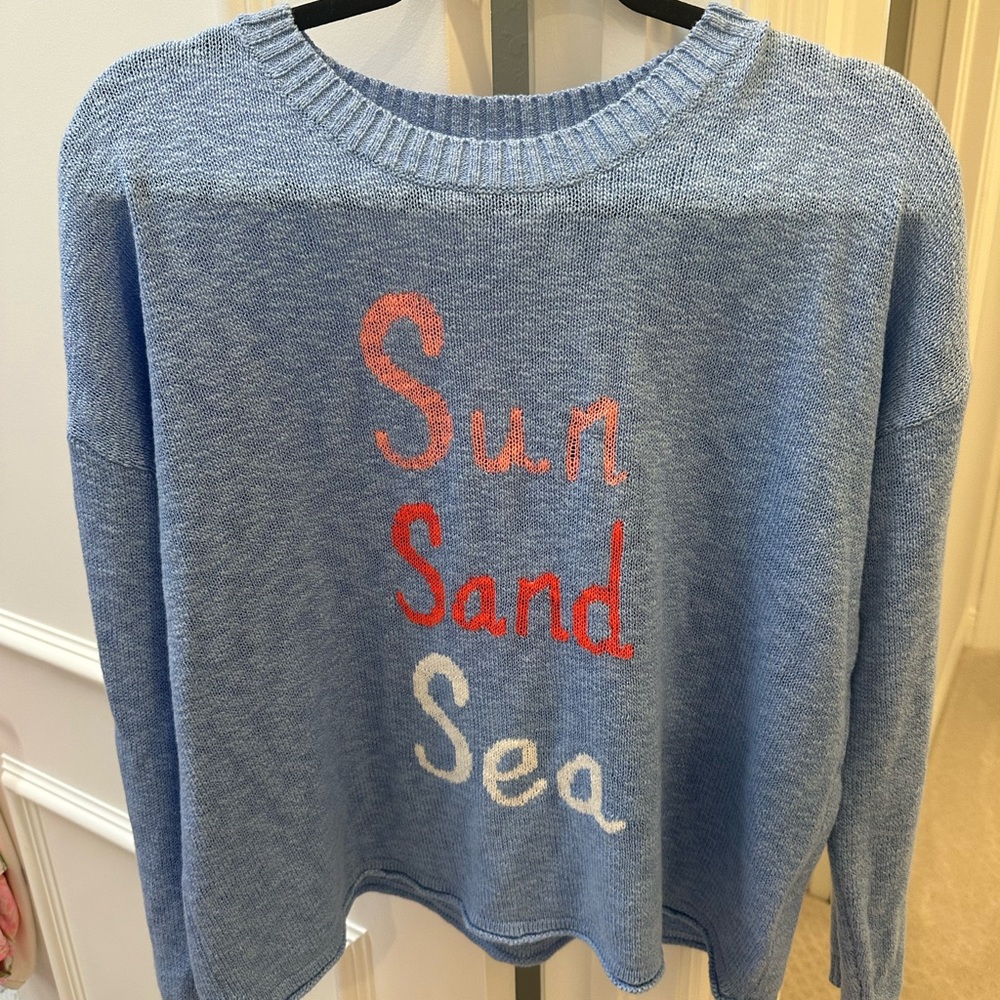 Blue Sweater with Sun Sand Sea Design